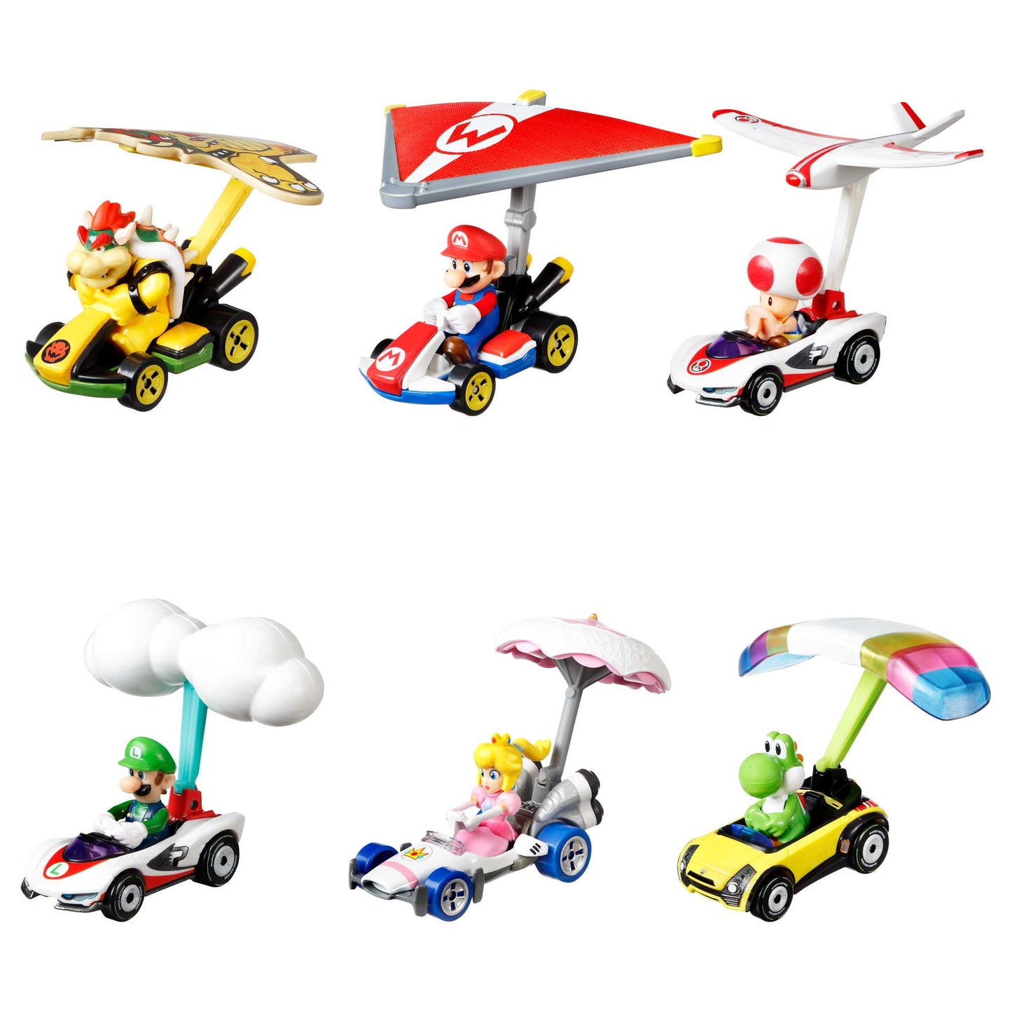 Hot Wheels Mario Kart Vehículo de Juguete Yoshi Sports Coupe con Paracaídas