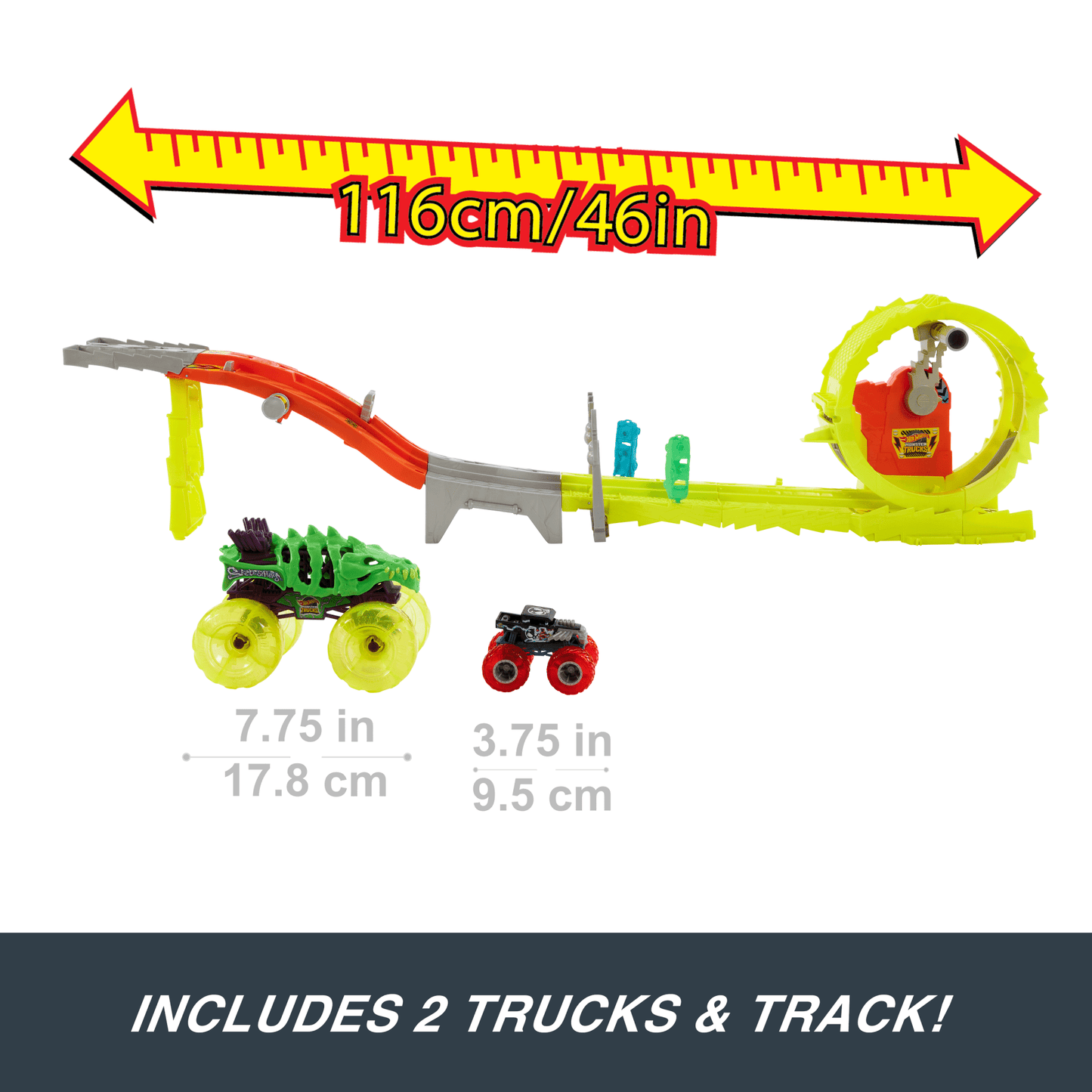 Hot Wheels Monster Trucks Power Smashers Charge & Chase Challenge Track Set With Oversized Skelesaurus, 1:64 Scale Bone Shaker & 2 Crushed Cars